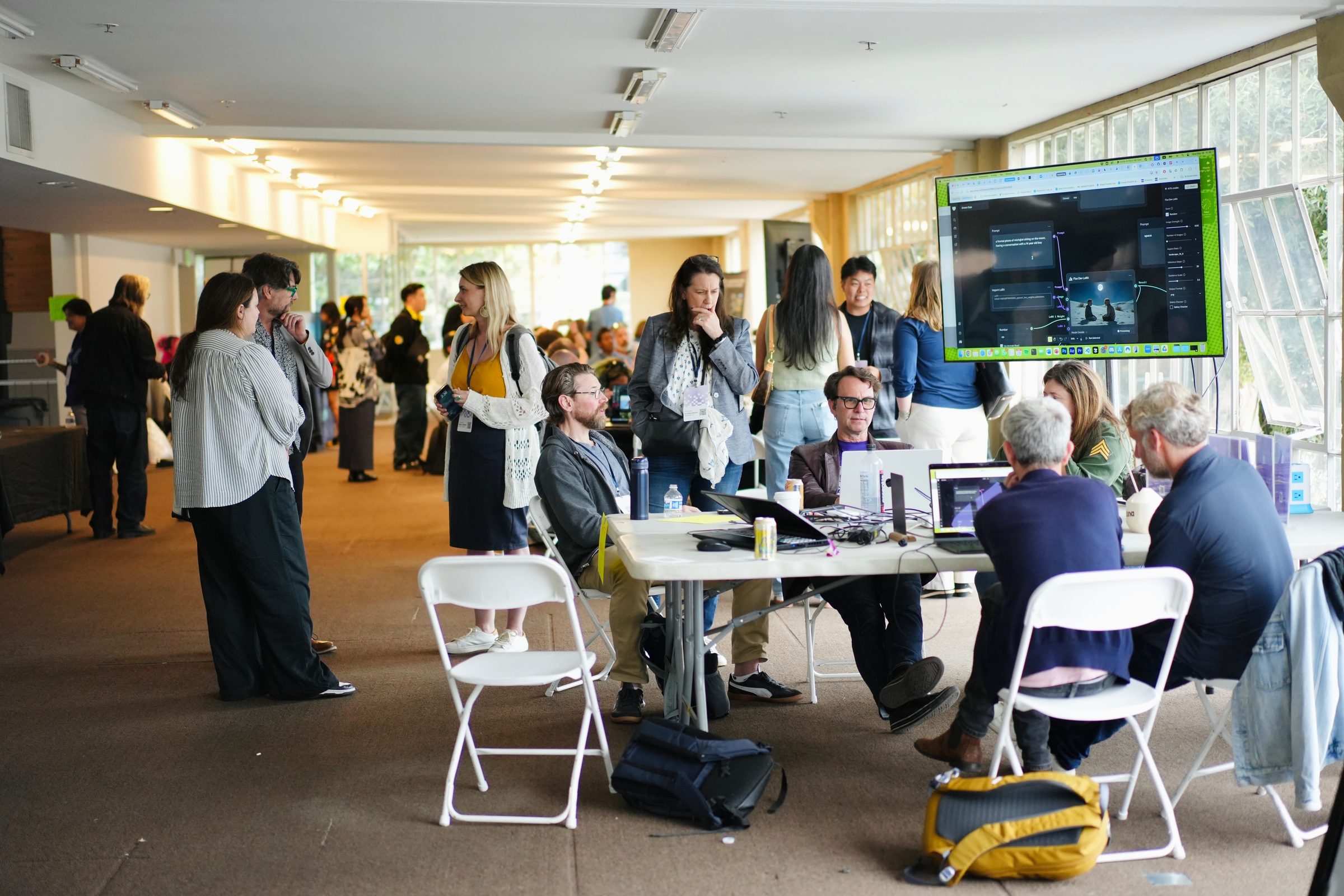 Attendees work at laptops and standing screens in a bright, crowded workshop hallway.
