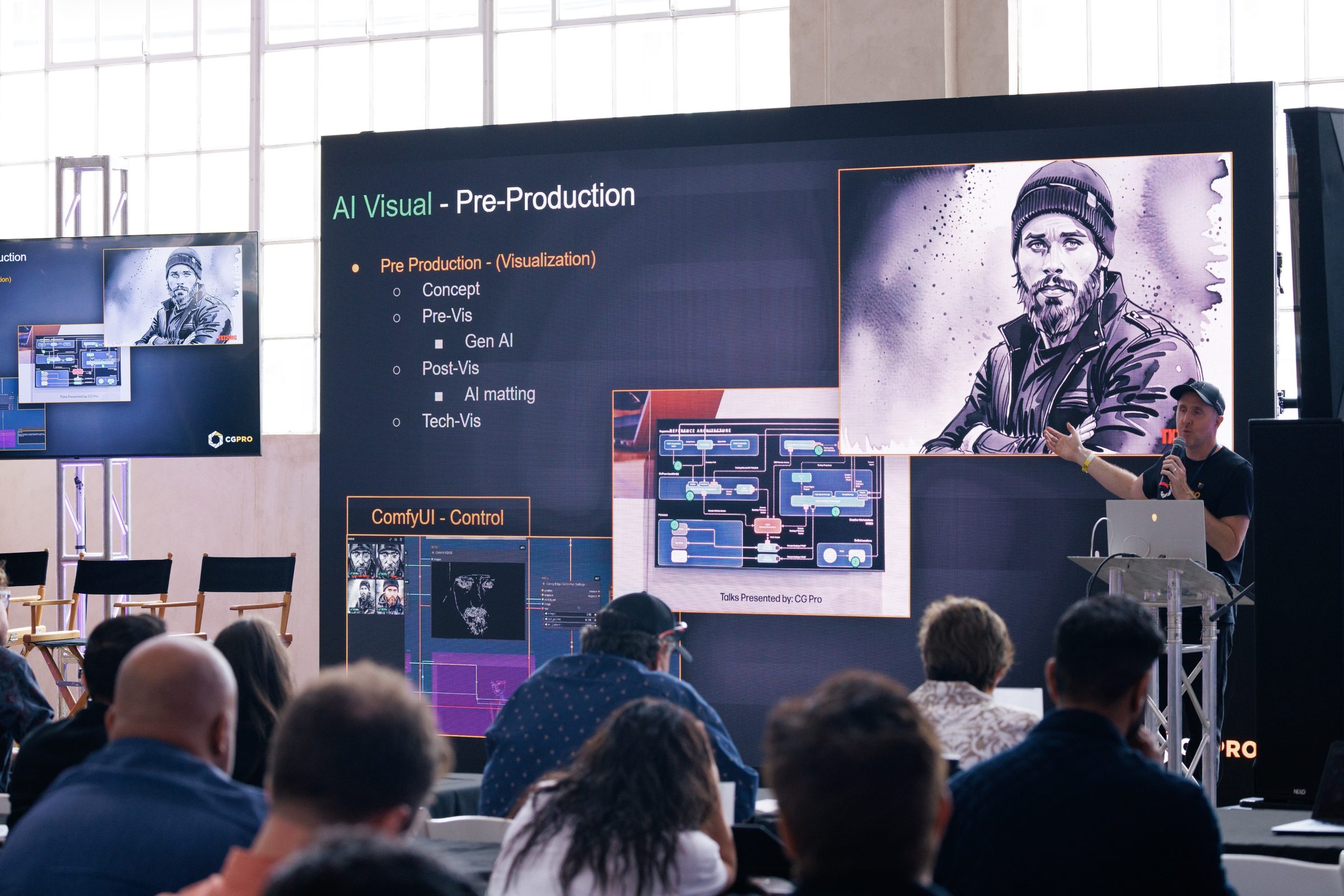 Attendees watch a stage screen titled AI Visual: Pre-Production, with a ComfyUI workflow open.