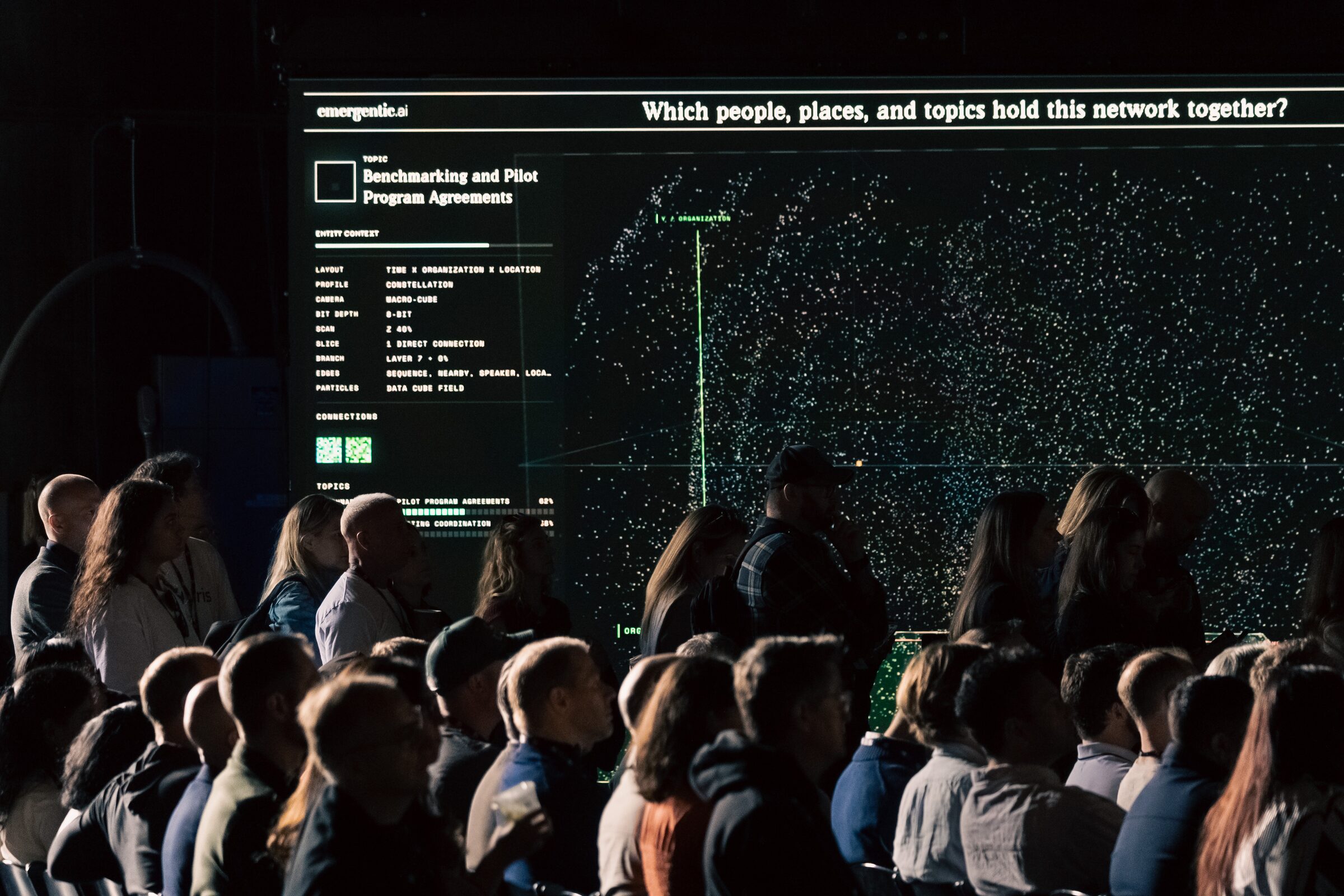 Attendees sit before a giant screen mapping a dense network of dots and asking which people and topics connect it.